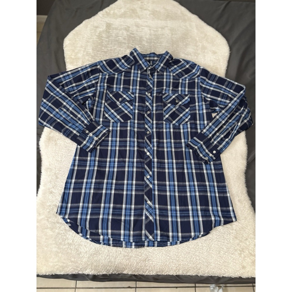 High Noon Mens Western Blue Plaid Pearl‎ Snap Long Sleeve Shirt Size XLT Tall